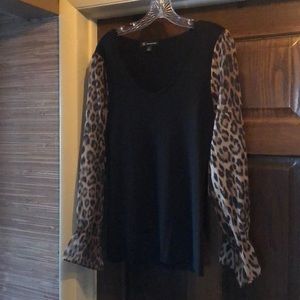 Inc vneck black sweater with leopard sleeves